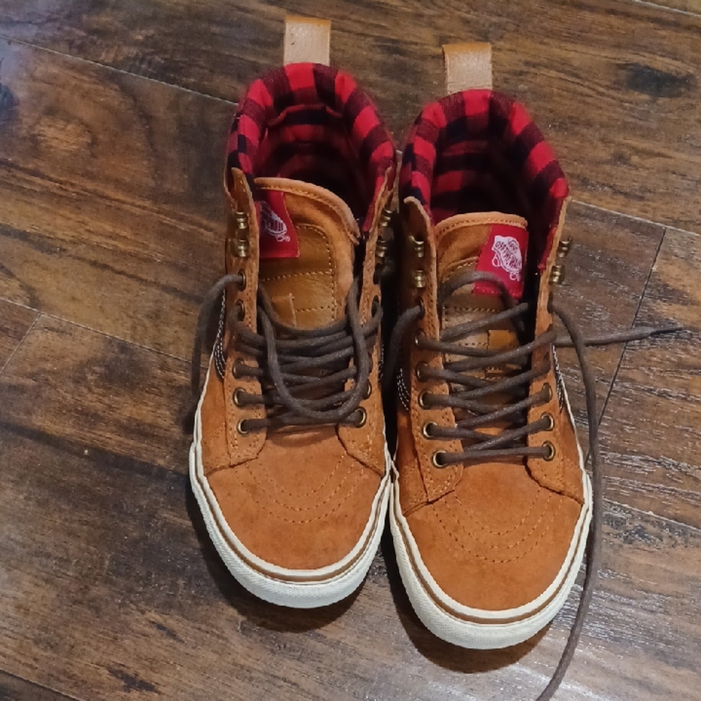 Vans Brown and Red High-Top Sneakers